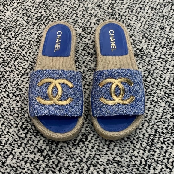 CHANEL Shoes - Chanel CC Tweed Blue Interlocking Sandals Size 37